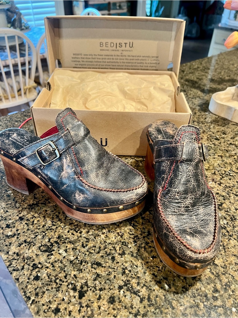 BED|STU Black Distressed Leather Clog Mules with Wood Platform and Buckle
